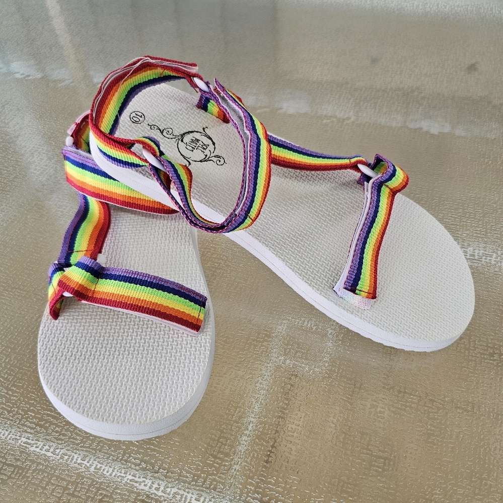 Sole Mates Rainbow Strap Sandals White EVA Platform Size 10 Pride Festival
